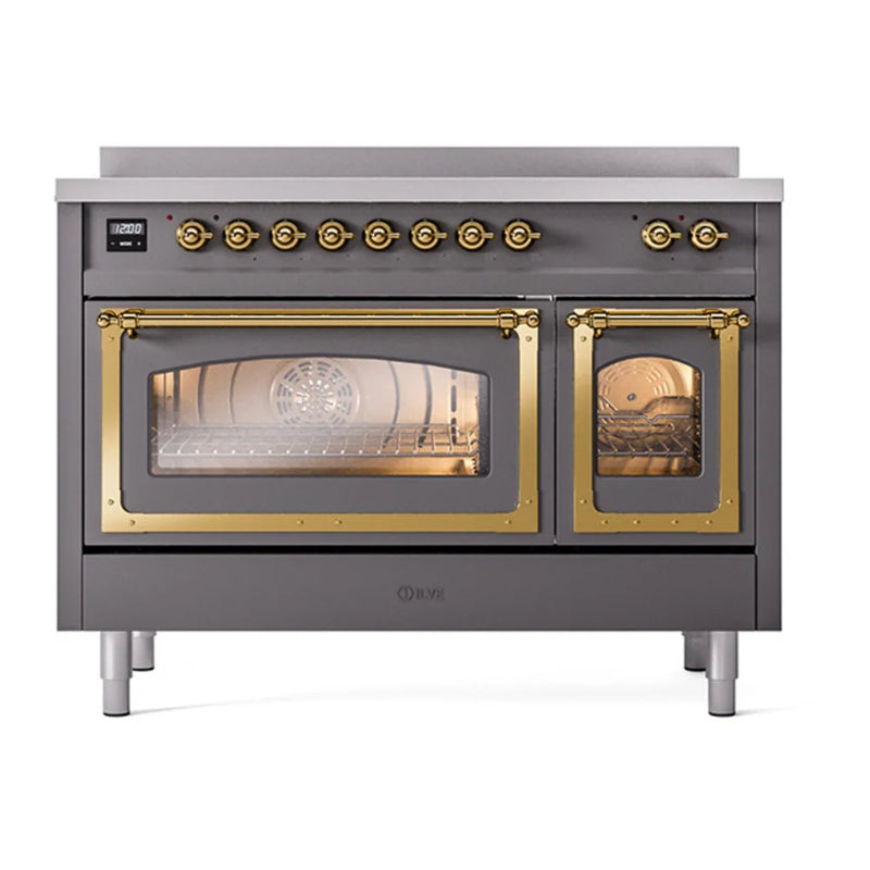 ILVE Nostalgie II Noblesse 48" Induction Freestanding Range in Graphite Matte with Brass Trim, UNI486NMPMGG