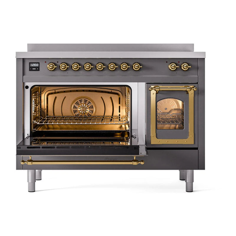 ILVE Nostalgie II Noblesse 48" Induction Freestanding Range in Graphite Matte with Brass Trim, UNI486NMPMGG