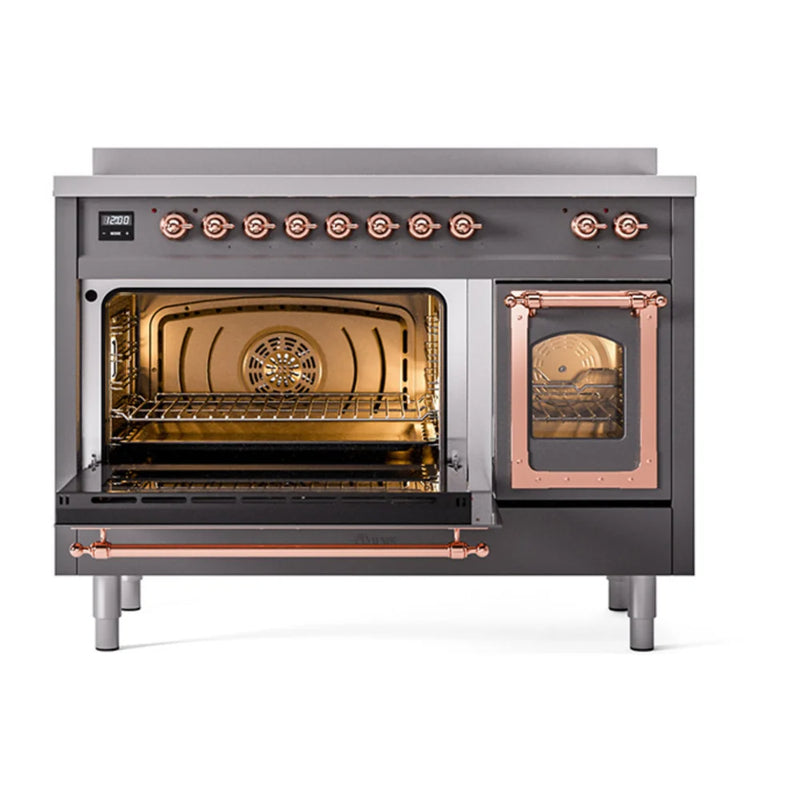 ILVE Nostalgie II Noblesse 48" Induction Freestanding Range in Graphite Matte with Copper Trim, UNI486NMPMGP