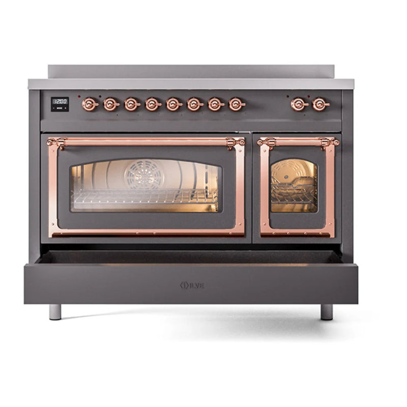 ILVE Nostalgie II Noblesse 48" Induction Freestanding Range in Graphite Matte with Copper Trim, UNI486NMPMGP