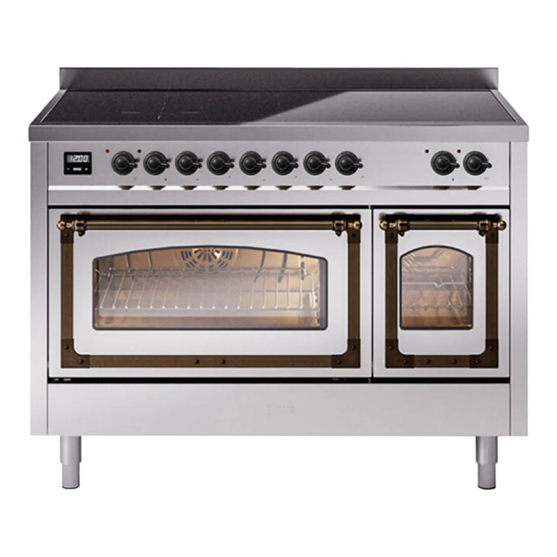 ILVE Nostalgie II Noblesse 48" Induction Freestanding Range in Stainless Steel with Burnished Trim, UNI486NMPSSB