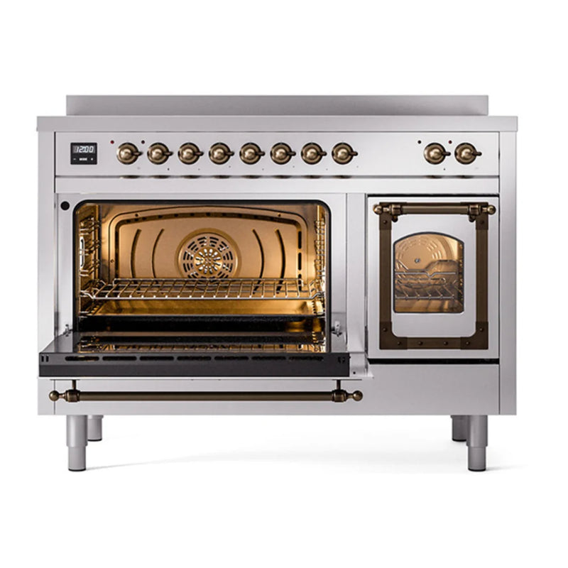 ILVE Nostalgie II Noblesse 48" Induction Freestanding Range in Stainless Steel with Burnished Trim, UNI486NMPSSB
