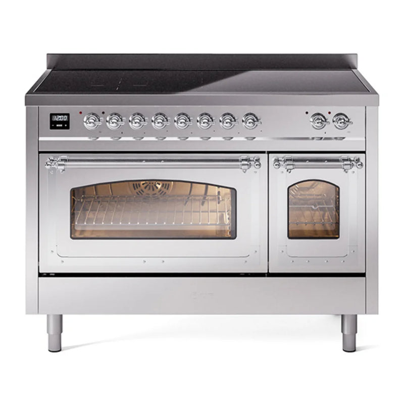 ILVE Nostalgie II Noblesse 48" Induction Freestanding Range in Stainless Steel with Chrome Trim, UNI486NMPSSC