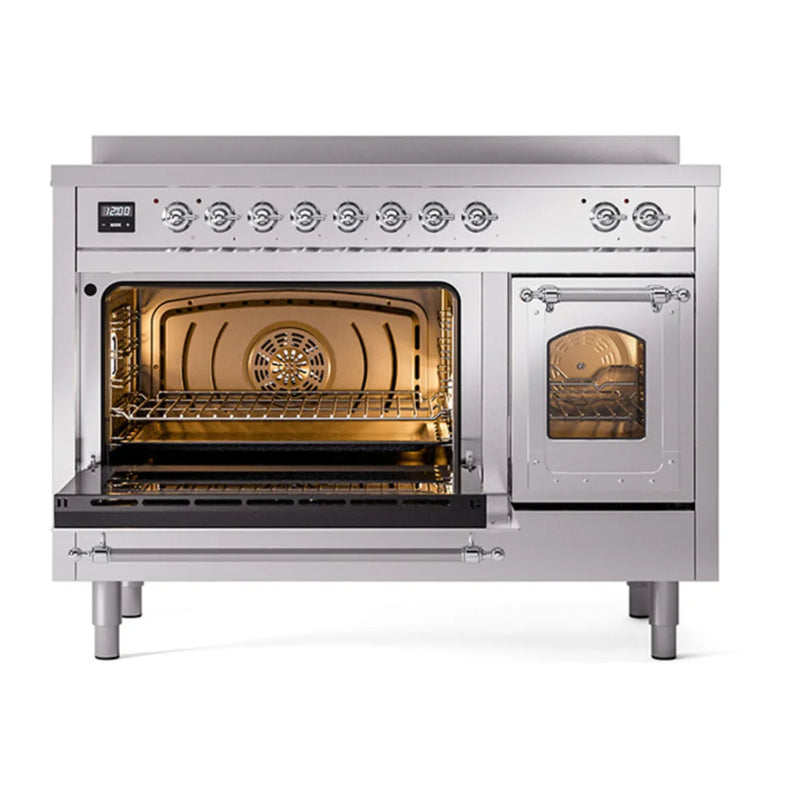 ILVE Nostalgie II Noblesse 48" Induction Freestanding Range in Stainless Steel with Chrome Trim, UNI486NMPSSC