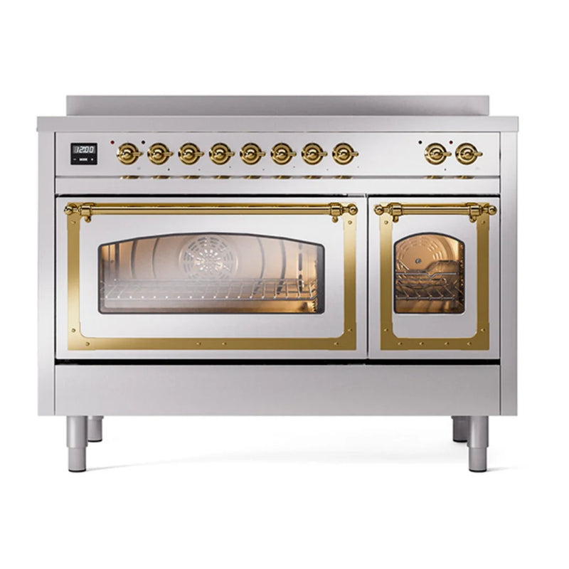 ILVE Nostalgie II Noblesse 48" Induction Freestanding Range in Stainless Steel with Brass Trim, UNI486NMPSSG