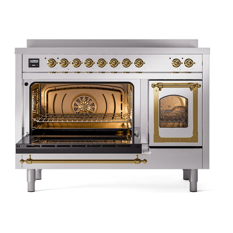 ILVE Nostalgie II Noblesse 48" Induction Freestanding Range in Stainless Steel with Brass Trim, UNI486NMPSSG