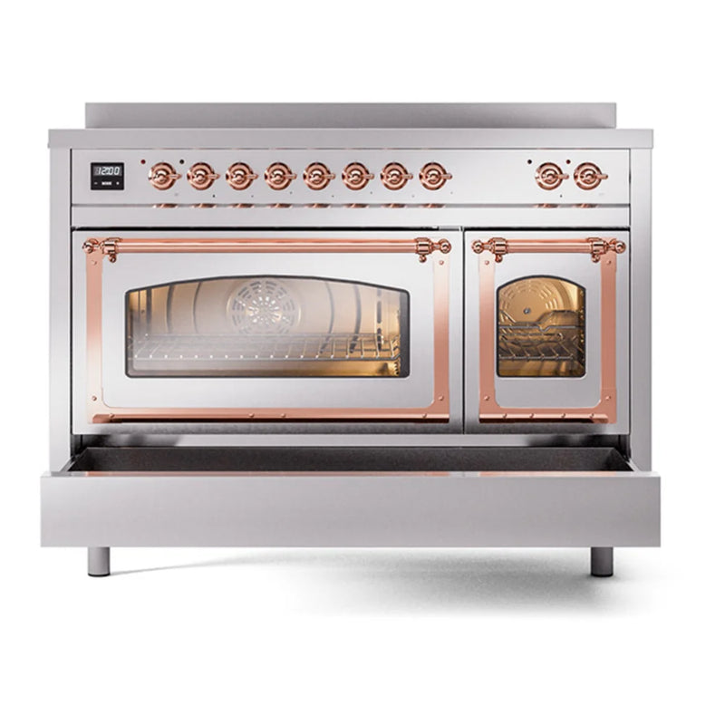 ILVE Nostalgie II Noblesse 48" Induction Freestanding Range in Stainless Steel with Copper Trim, UNI486NMPSSP