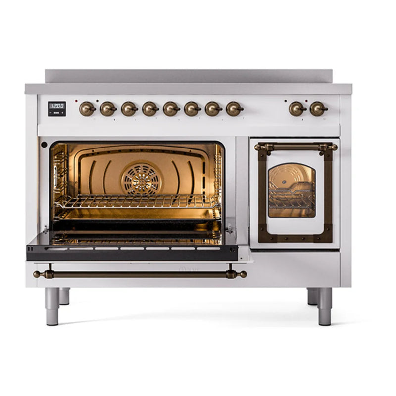 ILVE Nostalgie II Noblesse 48" Induction Freestanding Range in White with Burnished Trim, UNI486NMPWHB