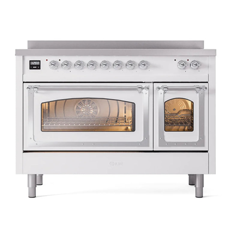 ILVE Nostalgie II Noblesse 48" Induction Freestanding Range in White with Chrome Trim, UNI486NMPWHC