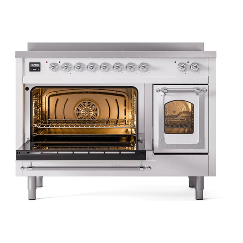 ILVE Nostalgie II Noblesse 48" Induction Freestanding Range in White with Chrome Trim, UNI486NMPWHC