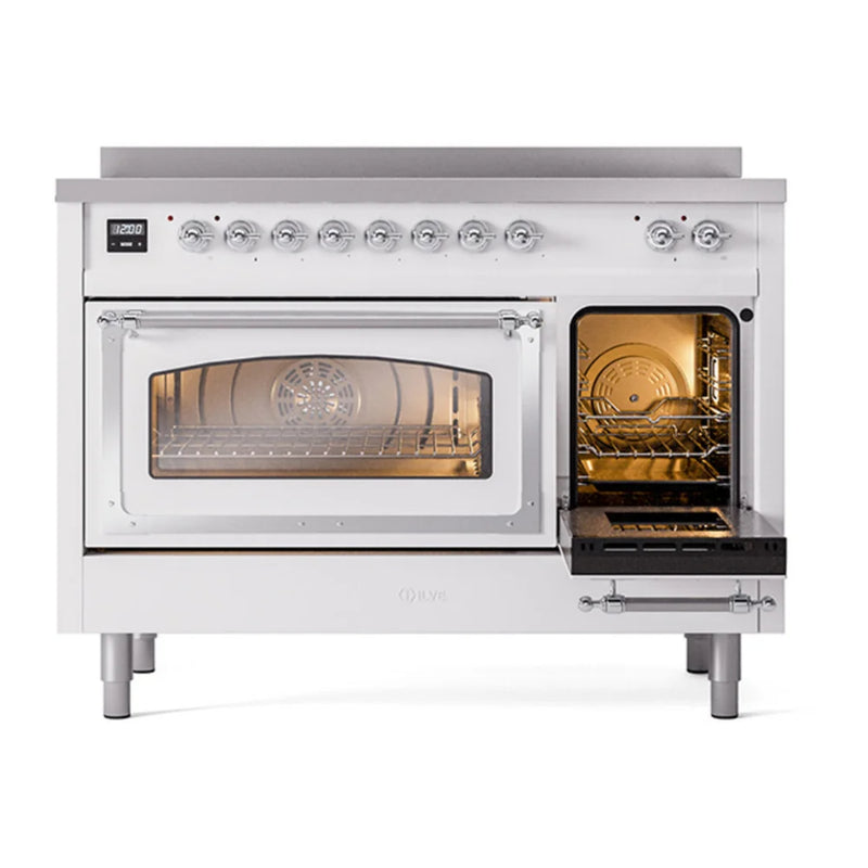 ILVE Nostalgie II Noblesse 48" Induction Freestanding Range in White with Chrome Trim, UNI486NMPWHC