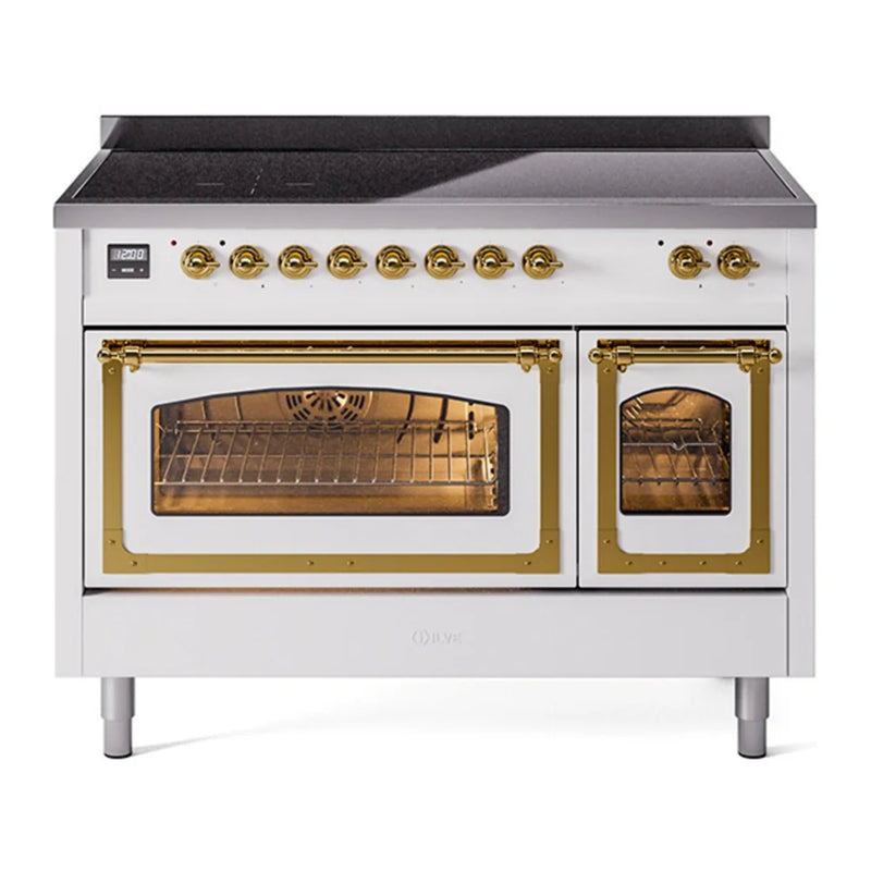 ILVE Nostalgie II Noblesse 48" Induction Freestanding Range in White with Brass Trim, UNI486NMPWHG