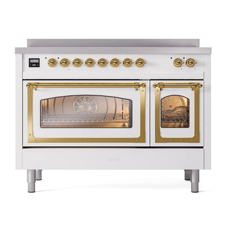 ILVE Nostalgie II Noblesse 48" Induction Freestanding Range in White with Brass Trim, UNI486NMPWHG