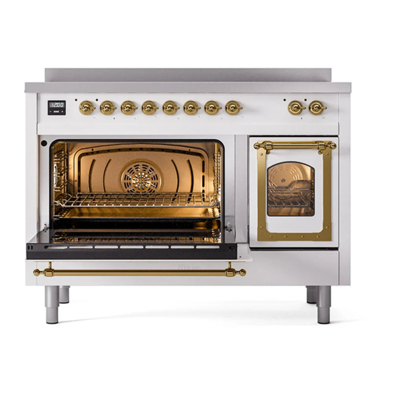 ILVE Nostalgie II Noblesse 48" Induction Freestanding Range in White with Brass Trim, UNI486NMPWHG