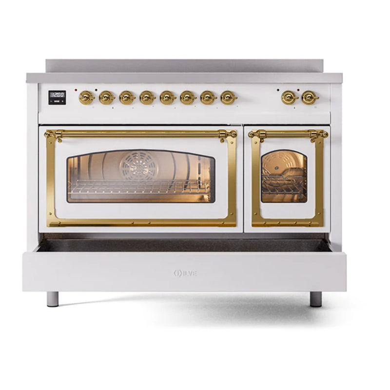 ILVE Nostalgie II Noblesse 48" Induction Freestanding Range in White with Brass Trim, UNI486NMPWHG