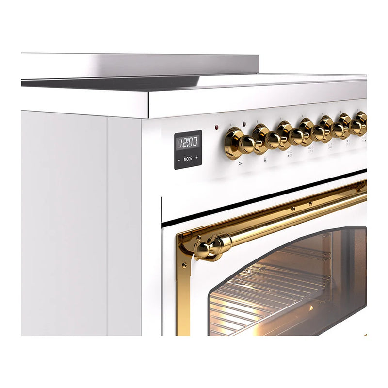 ILVE Nostalgie II Noblesse 48" Induction Freestanding Range in White with Brass Trim, UNI486NMPWHG