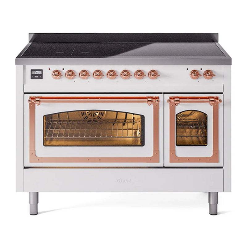 ILVE Nostalgie II Noblesse 48" Induction Freestanding Range in White with Copper Trim, UNI486NMPWHP