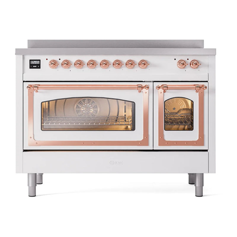 ILVE Nostalgie II Noblesse 48" Induction Freestanding Range in White with Copper Trim, UNI486NMPWHP