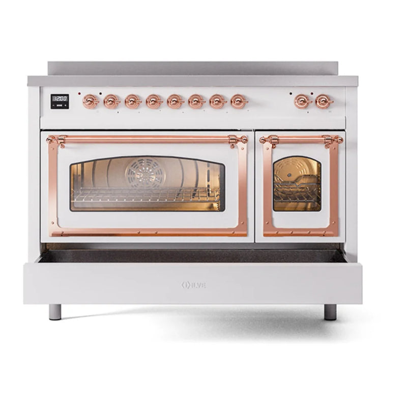 ILVE Nostalgie II Noblesse 48" Induction Freestanding Range in White with Copper Trim, UNI486NMPWHP
