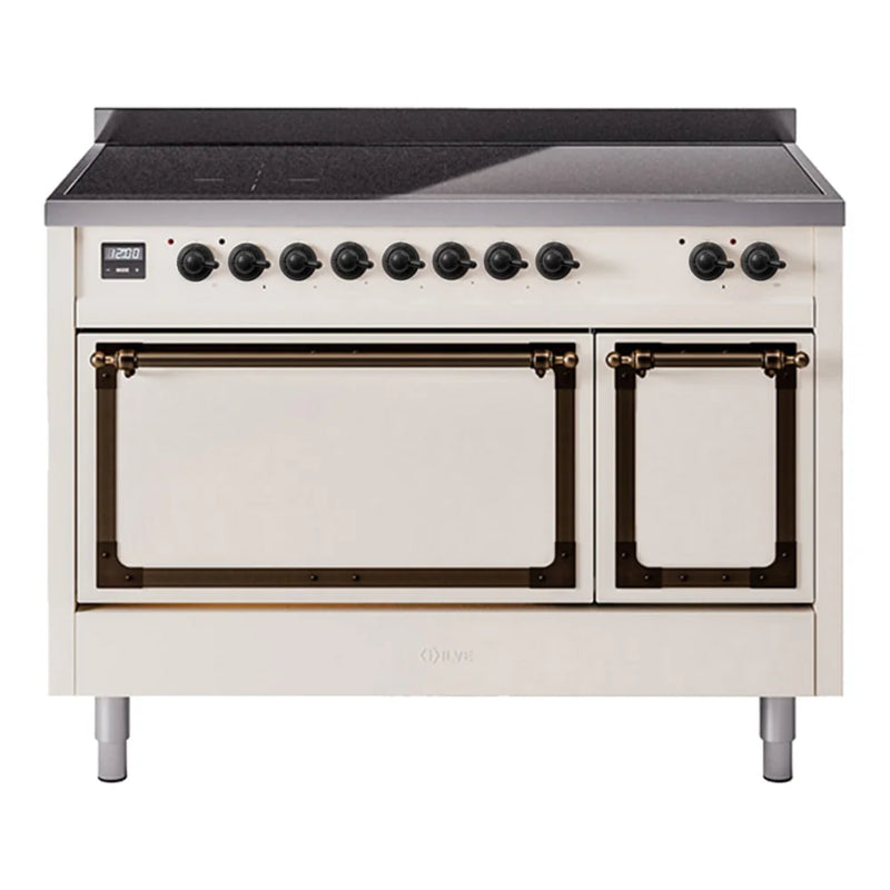 ILVE Nostalgie II Noblesse 48" Induction Freestanding Range in Antique White with Burnished Trim, UNI486QNMPAWB