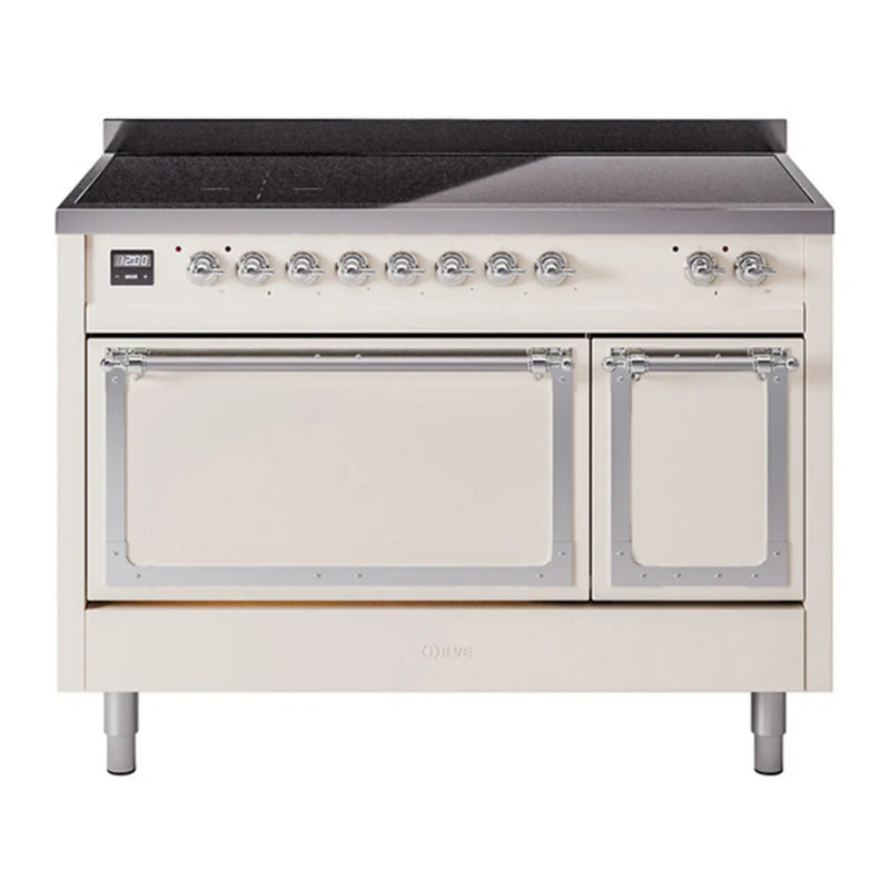 ILVE Nostalgie II Noblesse 48" Induction Freestanding Range in Antique White with Chrome Trim, UNI486QNMPAWC