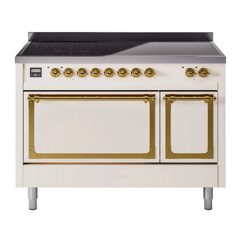 ILVE Nostalgie II Noblesse 48" Induction Freestanding Range in Antique White with Brass Trim, UNI486QNMPAWG