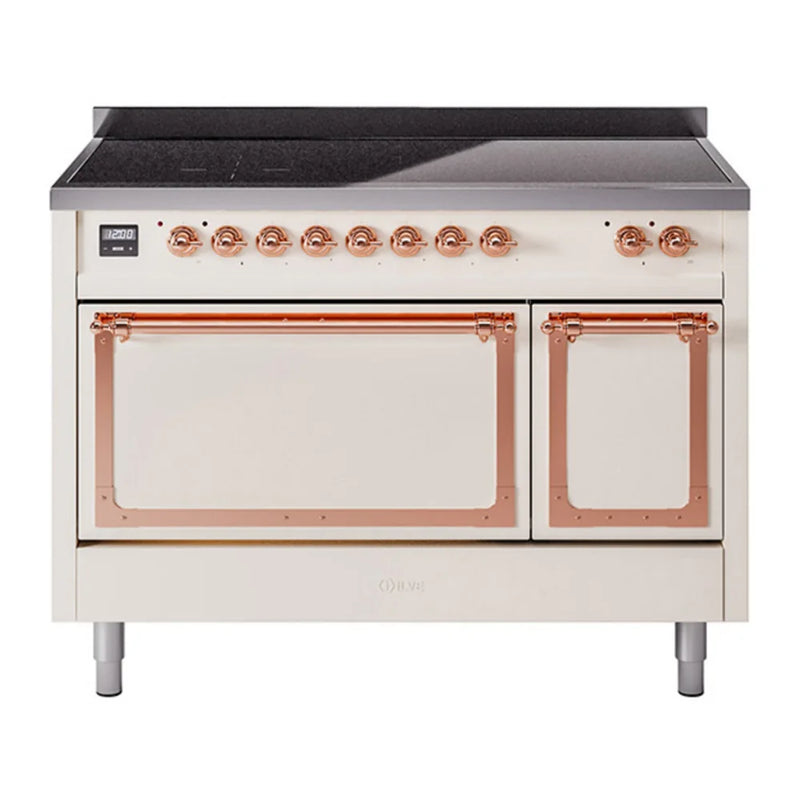 ILVE Nostalgie II Noblesse 48" Induction Freestanding Range in Antique White with Copper Trim, UNI486QNMPAWP