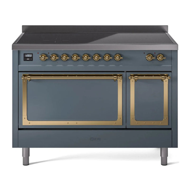 ILVE Nostalgie II Noblesse 48" Induction Freestanding Range in Blue Grey with Brass Trim, UNI486QNMPBGG