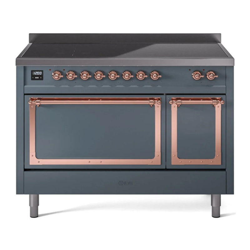 ILVE Nostalgie II Noblesse 48" Induction Freestanding Range in Blue Grey with Copper Trim, UNI486QNMPBGP
