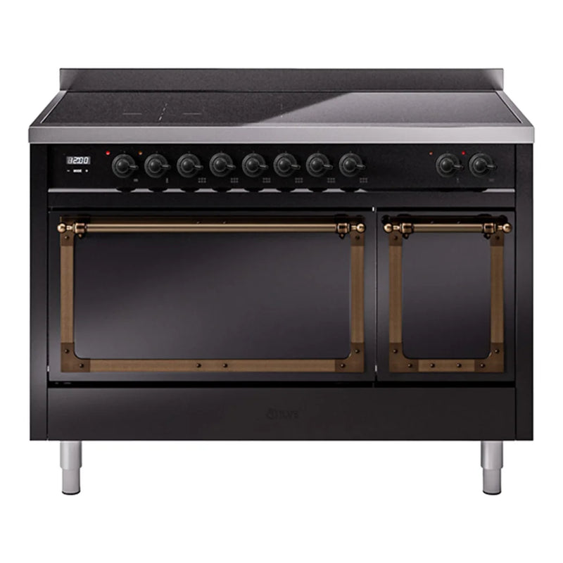 ILVE Nostalgie II Noblesse 48" Induction Freestanding Range in Glossy Black with Burnished Trim, UNI486QNMPBKB