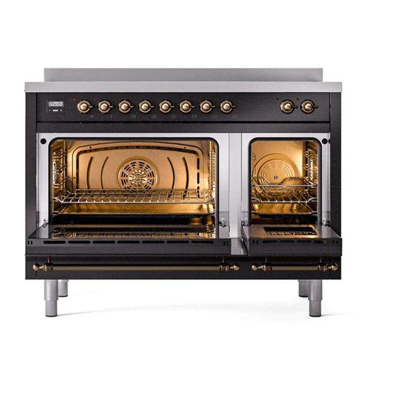 ILVE Nostalgie II Noblesse 48" Induction Freestanding Range in Glossy Black with Burnished Trim, UNI486QNMPBKB