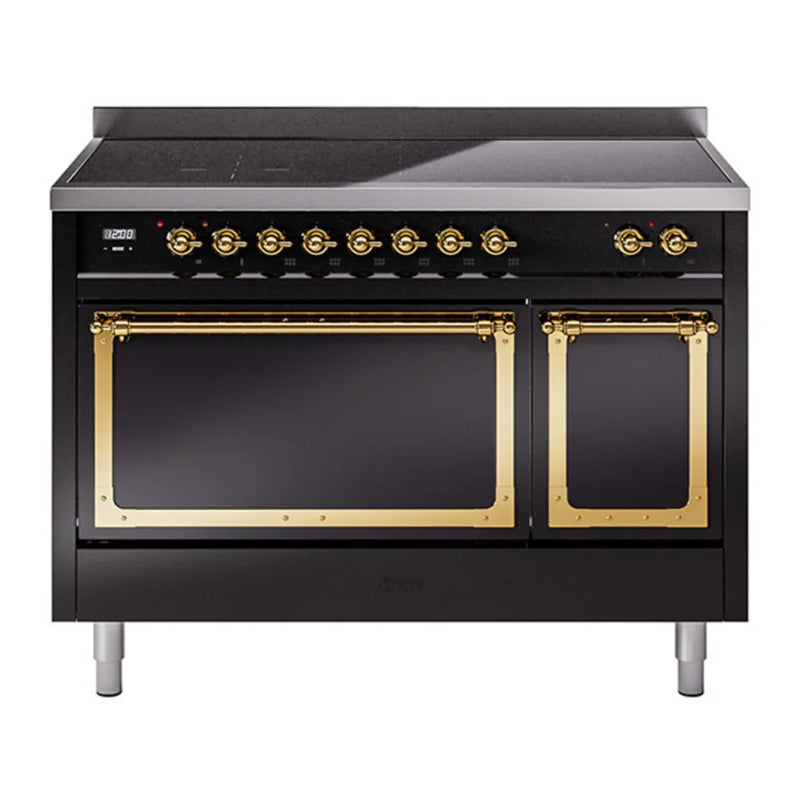 ILVE Nostalgie II Noblesse 48" Induction Freestanding Range in Glossy Black with Brass Trim, UNI486QNMPBKG