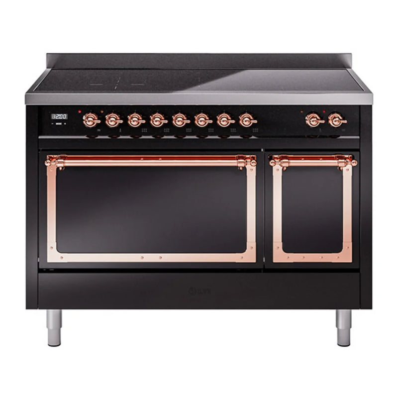 ILVE Nostalgie II Noblesse 48" Induction Freestanding Range in Glossy Black with Copper Trim, UNI486QNMPBKP