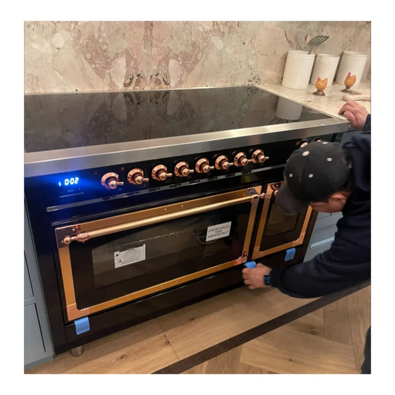 ILVE Nostalgie II Noblesse 48" Induction Freestanding Range in Glossy Black with Copper Trim, UNI486QNMPBKP