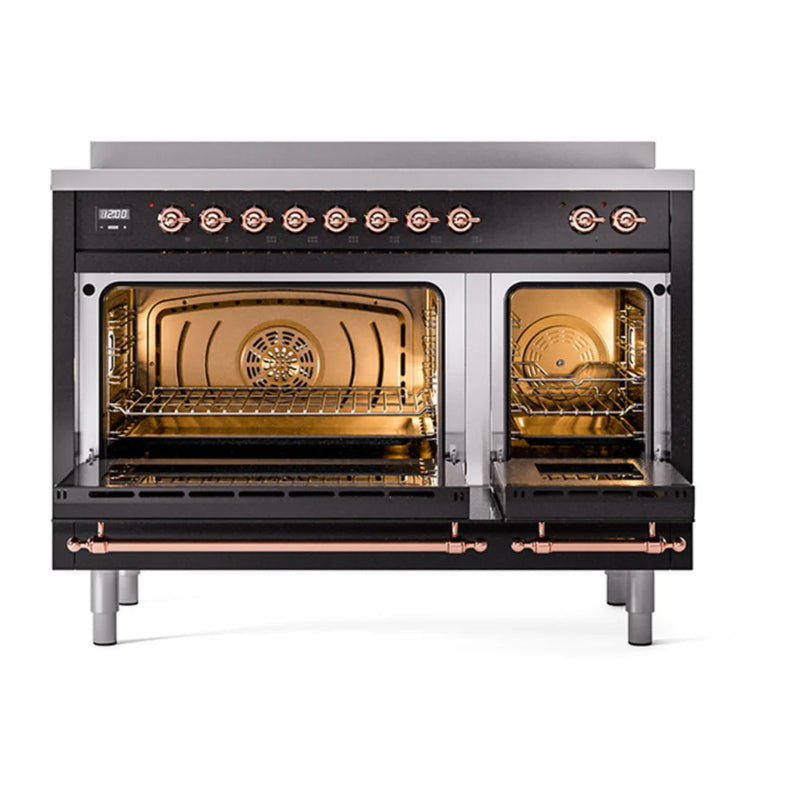 ILVE Nostalgie II Noblesse 48" Induction Freestanding Range in Glossy Black with Copper Trim, UNI486QNMPBKP