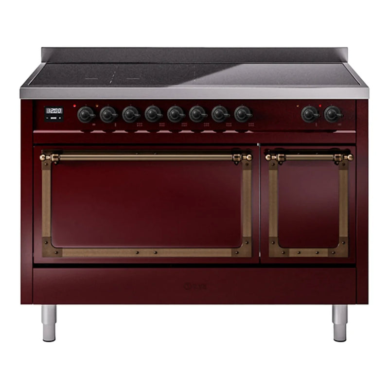 ILVE Nostalgie II Noblesse 48" Induction Freestanding Range in Burgundy with Burnished Trim, UNI486QNMPBUB