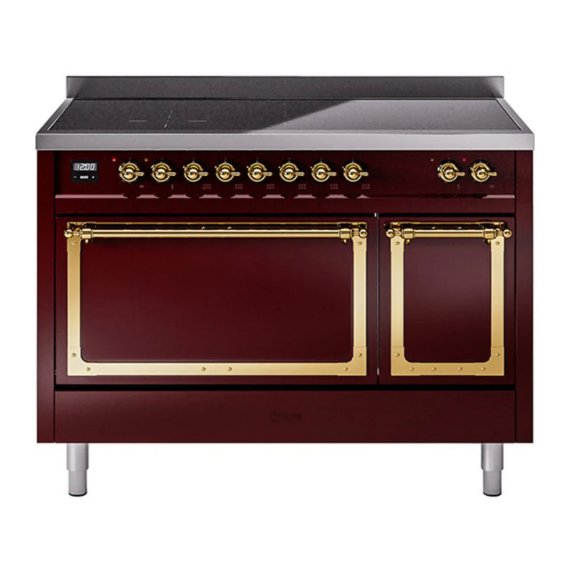 ILVE Nostalgie II Noblesse 48" Induction Freestanding Range in Burgundy with Brass Trim, UNI486QNMPBUG