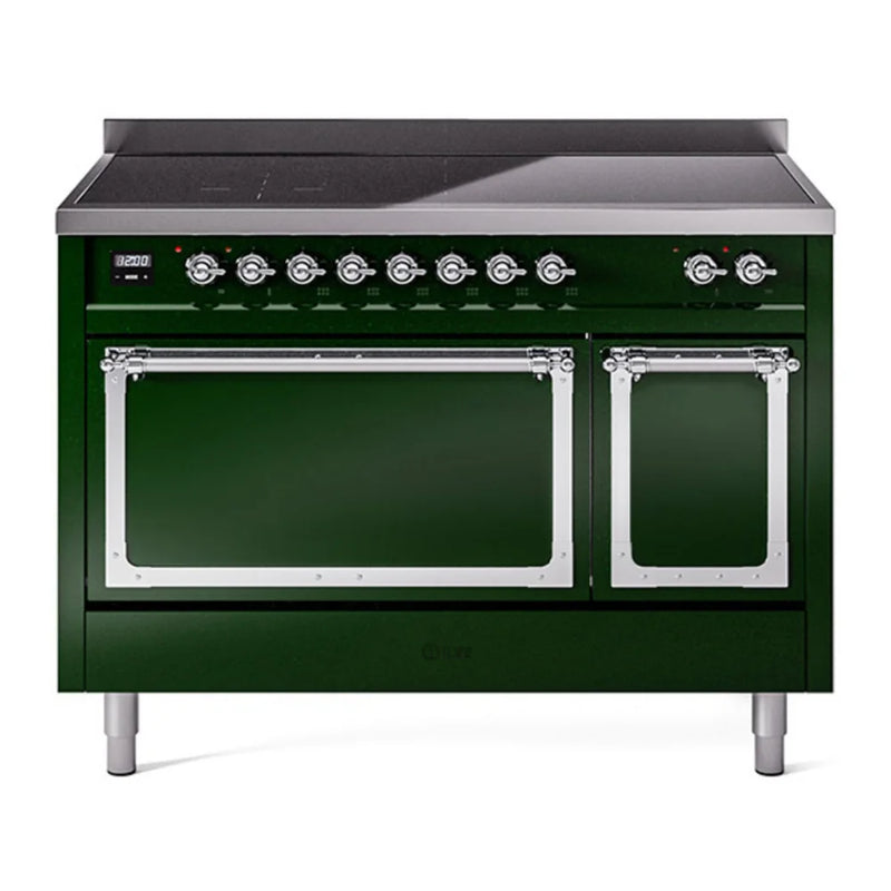 ILVE Nostalgie II Noblesse 48" Induction Freestanding Range in Emerald Green with Chrome Trim, UNI486QNMPEGC