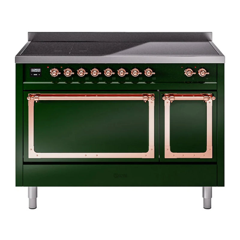 ILVE Nostalgie II Noblesse 48" Induction Freestanding Range in Emerald Green with Copper Trim, UNI486QNMPEGP
