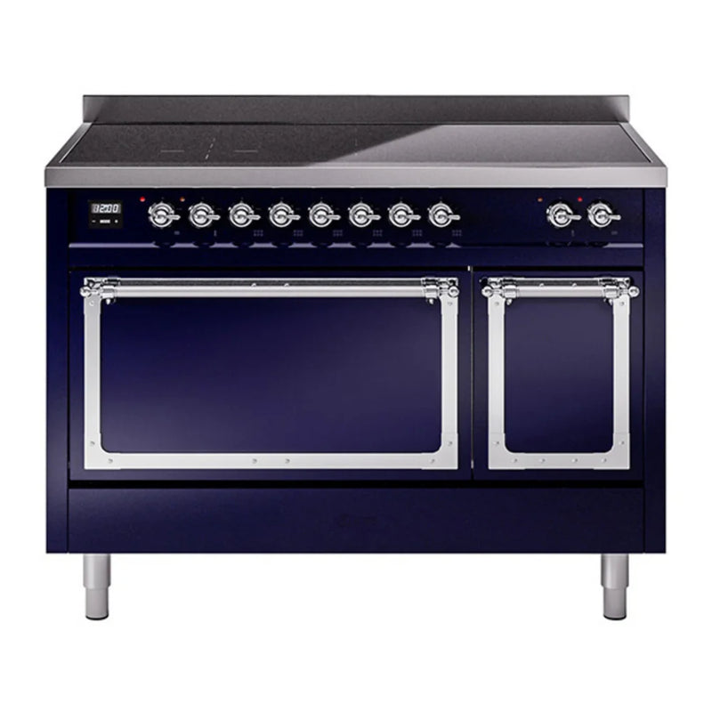 ILVE Nostalgie II Noblesse 48" Induction Freestanding Range in Midnight Blue with Chrome Trim, UNI486QNMPMBC