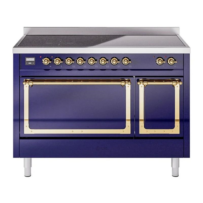 ILVE Nostalgie II Noblesse 48" Induction Freestanding Range in Midnight Blue with Brass Trim, UNI486QNMPMBG