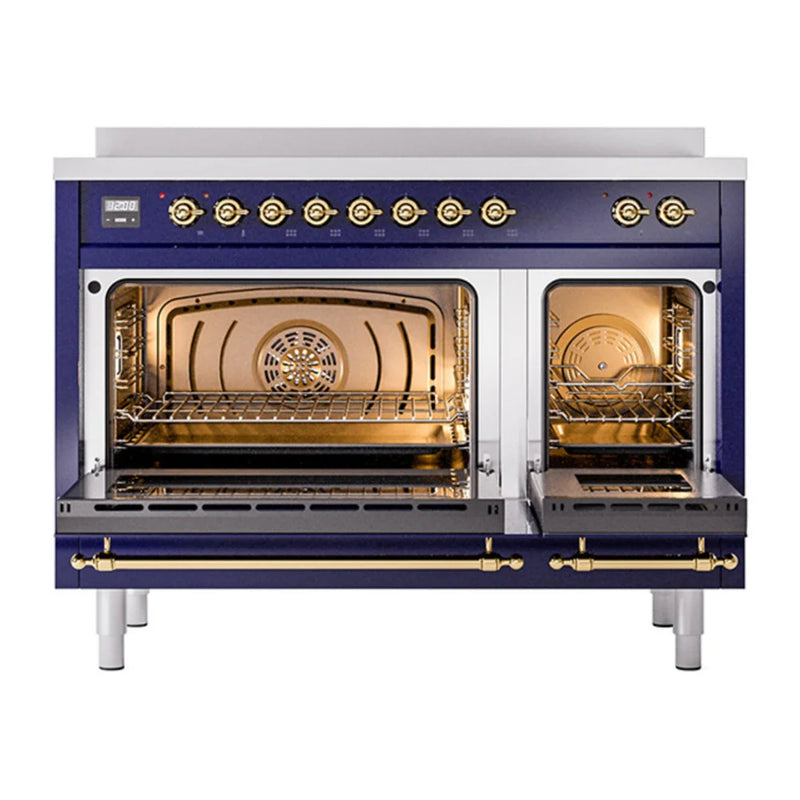 ILVE Nostalgie II Noblesse 48" Induction Freestanding Range in Midnight Blue with Brass Trim, UNI486QNMPMBG