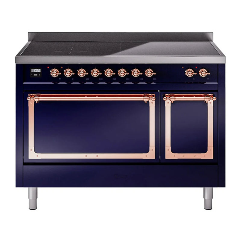 ILVE Nostalgie II Noblesse 48" Induction Freestanding Range in Midnight Blue with Copper Trim, UNI486QNMPMBP