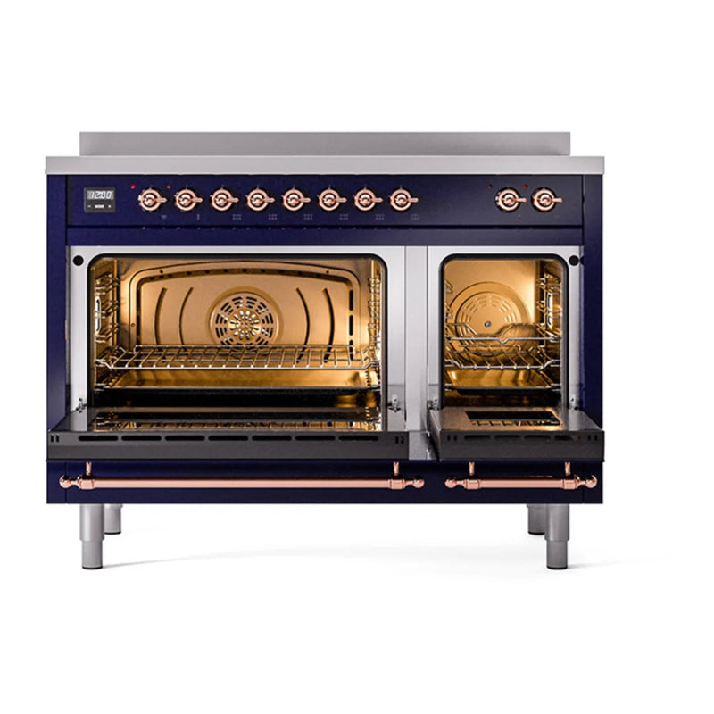 ILVE Nostalgie II Noblesse 48" Induction Freestanding Range in Midnight Blue with Copper Trim, UNI486QNMPMBP