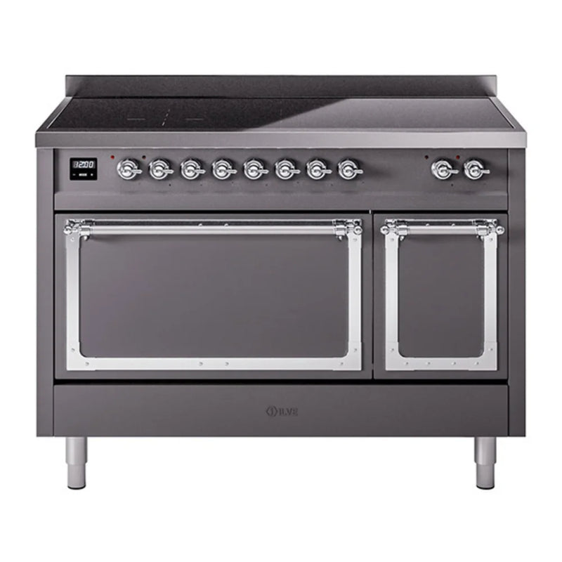 ILVE Nostalgie II Noblesse 48" Induction Freestanding Range in Graphite Matte with Chrome Trim, UNI486QNMPMGC