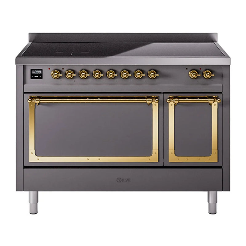 ILVE Nostalgie II Noblesse 48" Induction Freestanding Range in Graphite Matte with Brass Trim, UNI486QNMPMGG