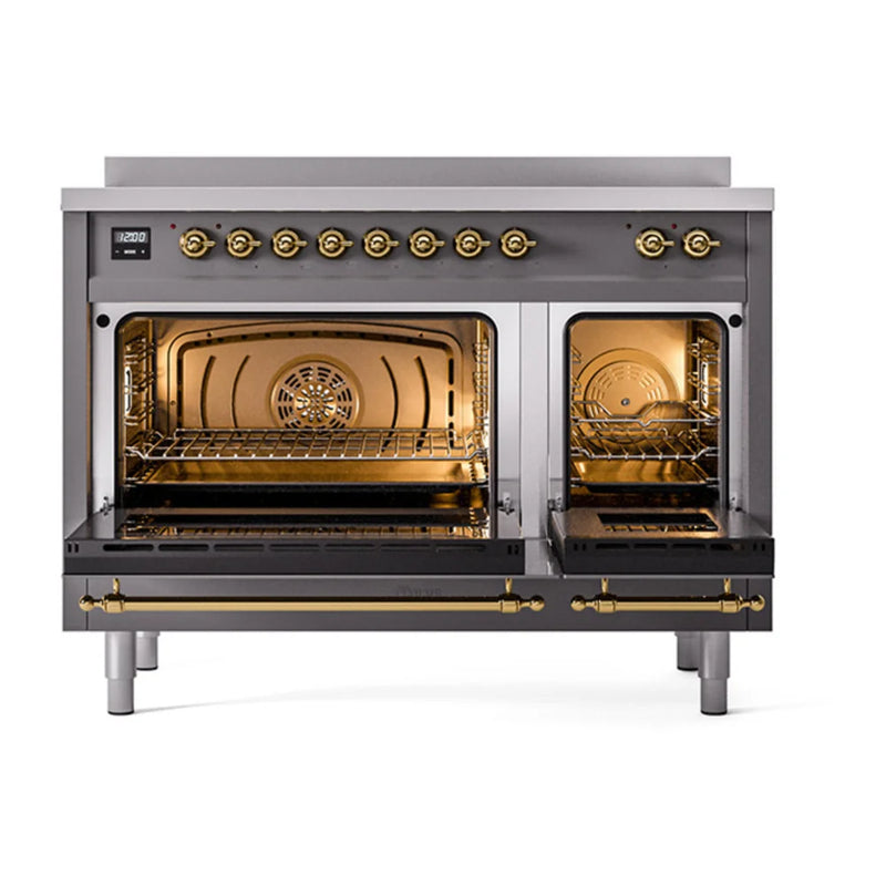 ILVE Nostalgie II Noblesse 48" Induction Freestanding Range in Graphite Matte with Brass Trim, UNI486QNMPMGG