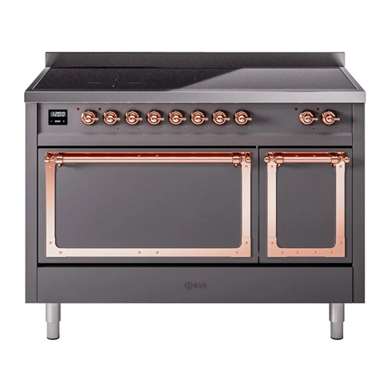 ILVE Nostalgie II Noblesse 48" Induction Freestanding Range in Graphite Matte with Copper Trim, UNI486QNMPMGP