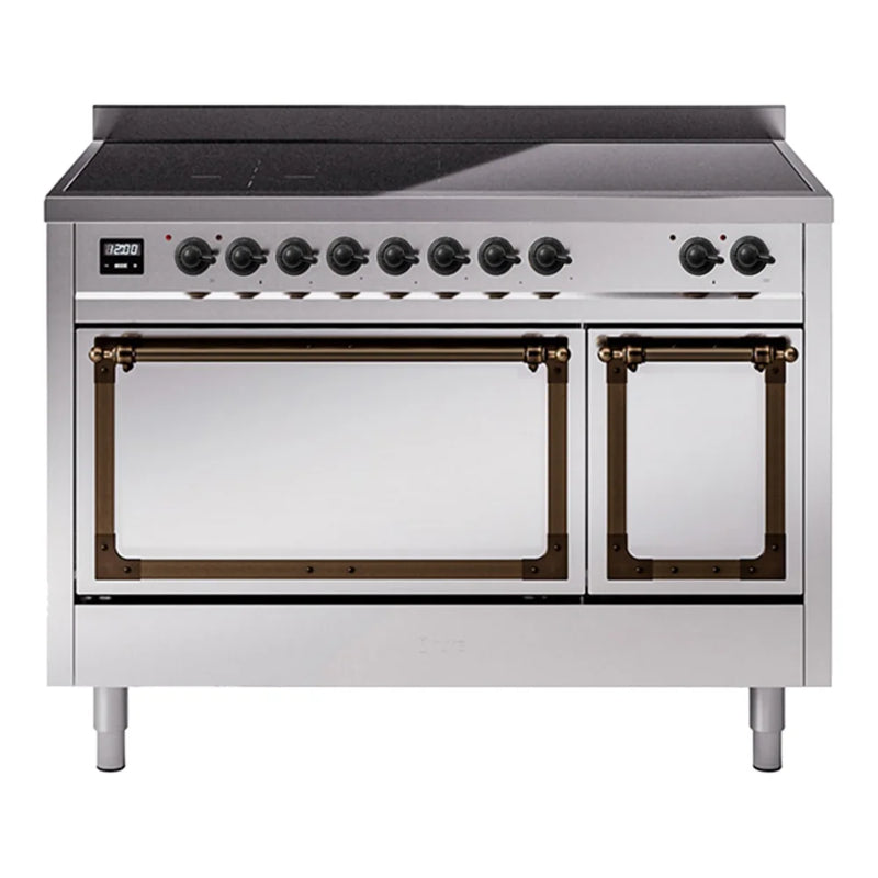 ILVE Nostalgie II Noblesse 48" Induction Freestanding Range in Stainless Steel with Burnished Trim, UNI486QNMPSSB