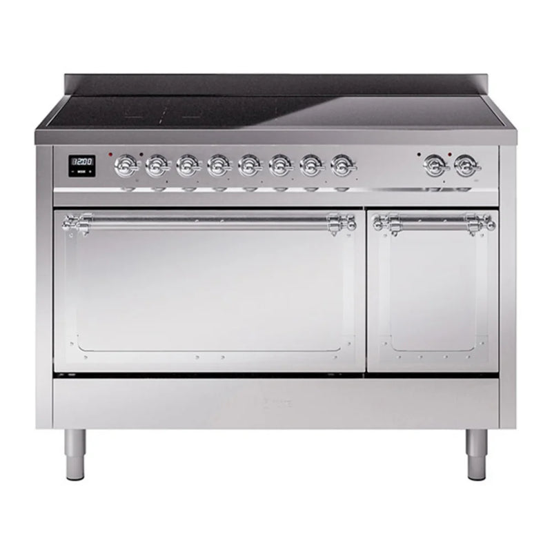 ILVE Nostalgie II Noblesse 48" Induction Freestanding Range in Stainless Steel with Chrome Trim, UNI486QNMPSSC